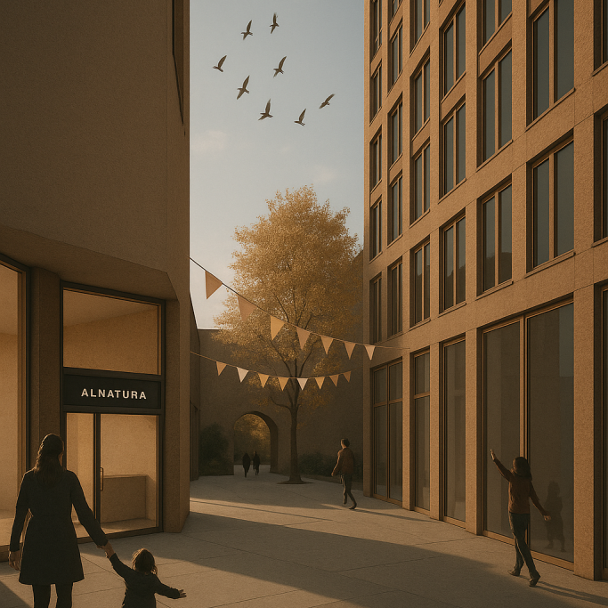 Hochhaus Architekturentwurf Innenhofperspektive Quartiersentwicklung Adenauerplatz Berlin